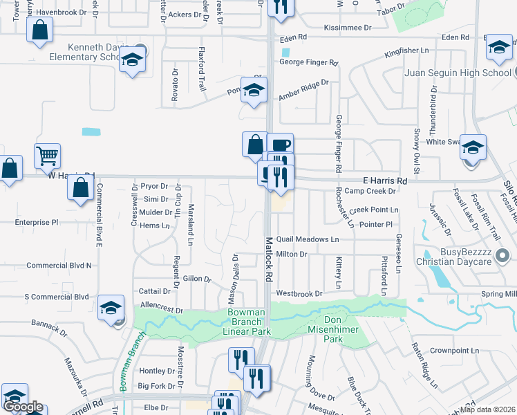 map of restaurants, bars, coffee shops, grocery stores, and more near 7390 June Evening Drive in Arlington