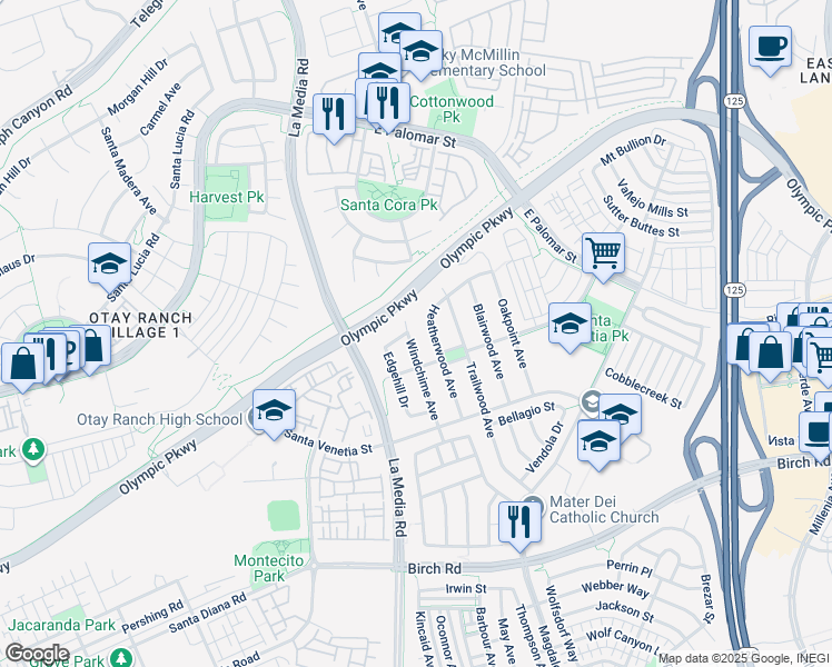 map of restaurants, bars, coffee shops, grocery stores, and more near 1425 Windchime Avenue in Chula Vista