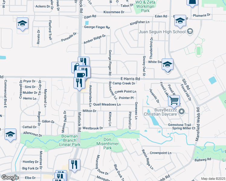 map of restaurants, bars, coffee shops, grocery stores, and more near 304 Creek Point Lane in Arlington