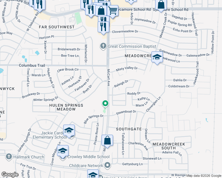 map of restaurants, bars, coffee shops, grocery stores, and more near 8054 Raleigh Drive in Fort Worth