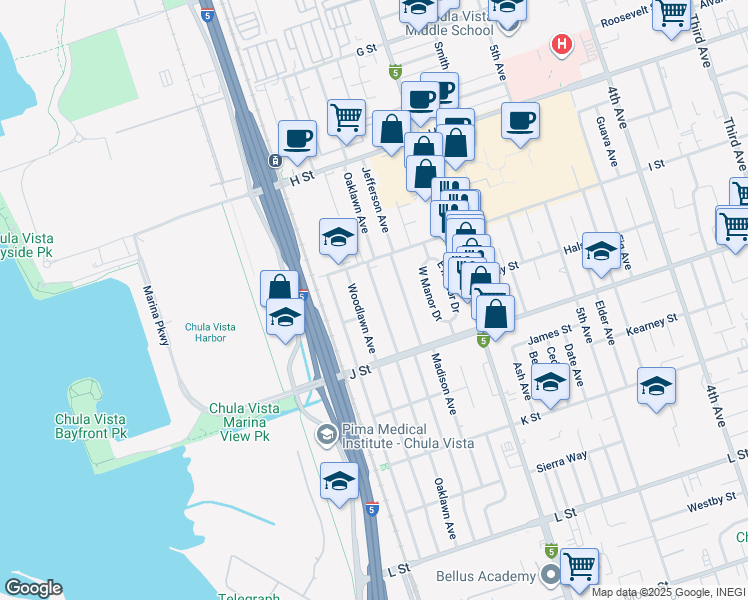 map of restaurants, bars, coffee shops, grocery stores, and more near 634 Oaklawn Avenue in Chula Vista
