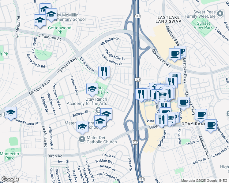 map of restaurants, bars, coffee shops, grocery stores, and more near 1930 Wellbrook Street in Chula Vista