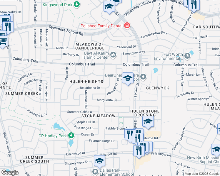 map of restaurants, bars, coffee shops, grocery stores, and more near 8009 Belladonna Drive in Fort Worth