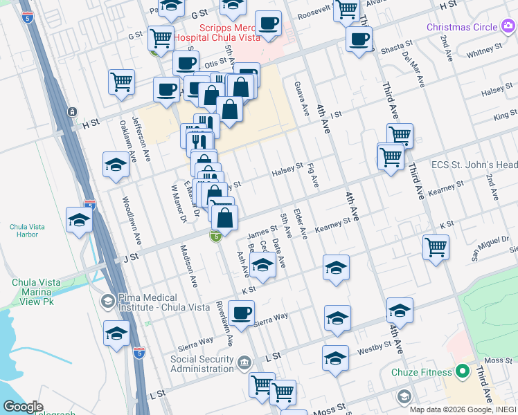 map of restaurants, bars, coffee shops, grocery stores, and more near 529 J St in Chula Vista