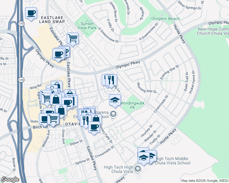 map of restaurants, bars, coffee shops, grocery stores, and more near 2267 Starshower Lane in Chula Vista