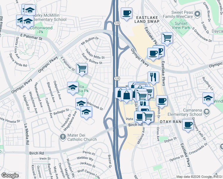 map of restaurants, bars, coffee shops, grocery stores, and more near 1525 Caminito Zaragosa in Chula Vista