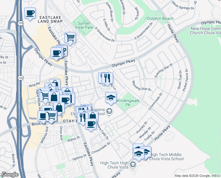 map of restaurants, bars, coffee shops, grocery stores, and more near 2267 Starshower Lane in Chula Vista
