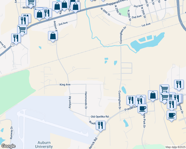 map of restaurants, bars, coffee shops, grocery stores, and more near 3004-3198 King Avenue in Opelika