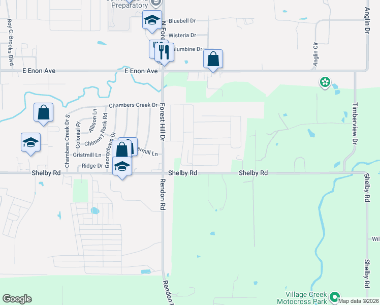 map of restaurants, bars, coffee shops, grocery stores, and more near 3437-3533 Shelby Road in Fort Worth