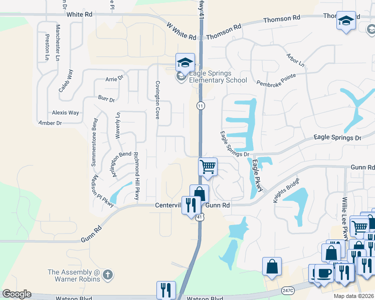 map of restaurants, bars, coffee shops, grocery stores, and more near 104 Monticello Drive in Byron