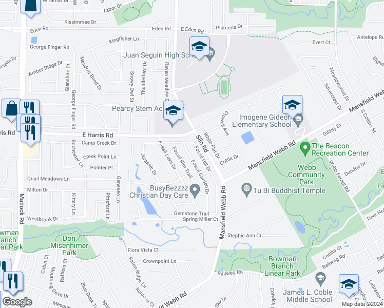 map of restaurants, bars, coffee shops, grocery stores, and more near 7211 Fossil Garden Drive in Arlington