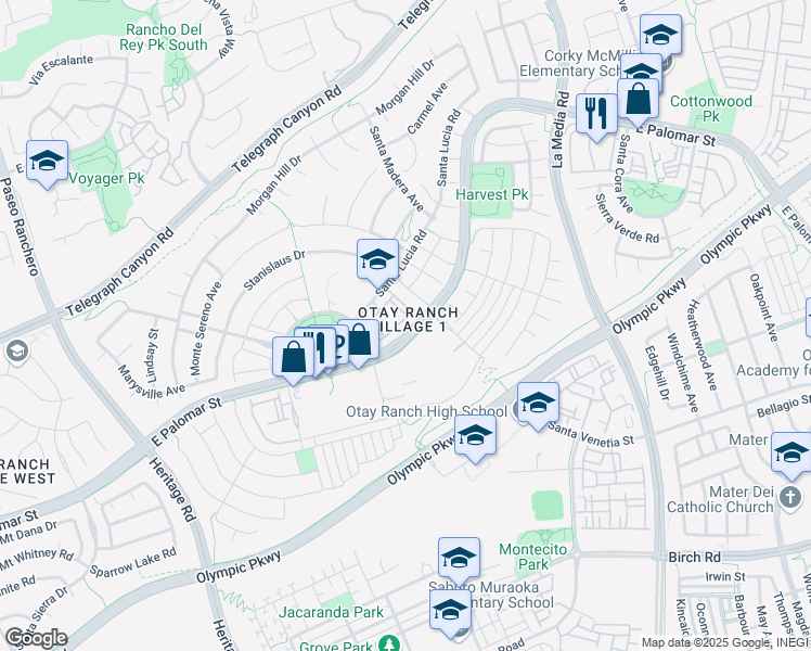 map of restaurants, bars, coffee shops, grocery stores, and more near 1441 Santa Lucia Road in Chula Vista