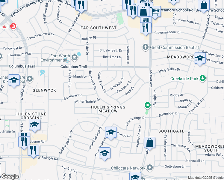 map of restaurants, bars, coffee shops, grocery stores, and more near 3817 Huntwick Drive in Fort Worth