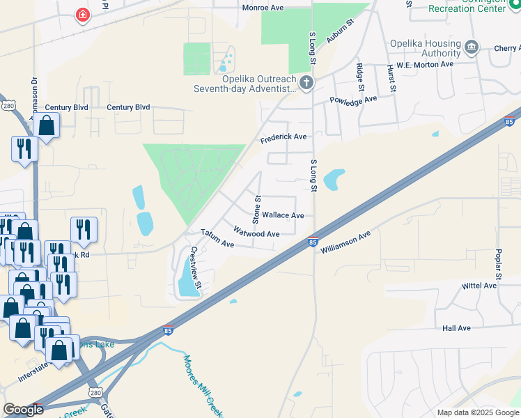 map of restaurants, bars, coffee shops, grocery stores, and more near 1200-1298 Wallace Avenue in Opelika