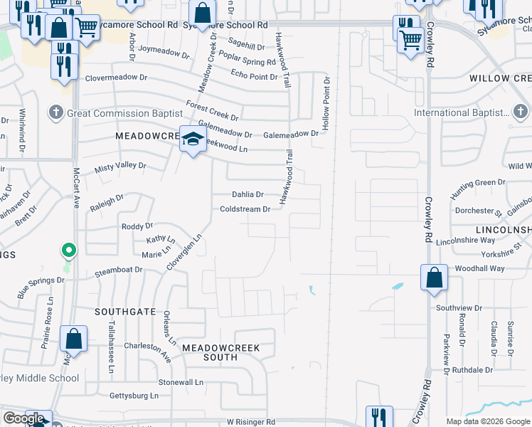 map of restaurants, bars, coffee shops, grocery stores, and more near 2528 Prickly Pine Trail in Fort Worth
