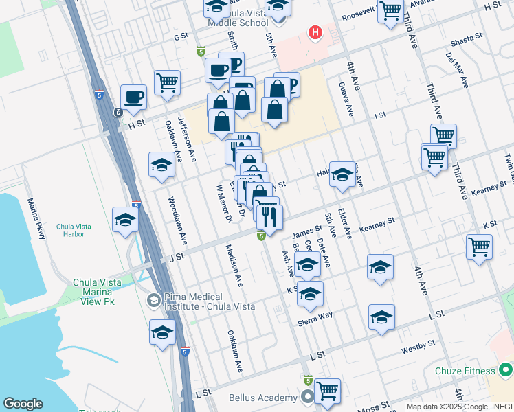 map of restaurants, bars, coffee shops, grocery stores, and more near 679 Broadway in Chula Vista
