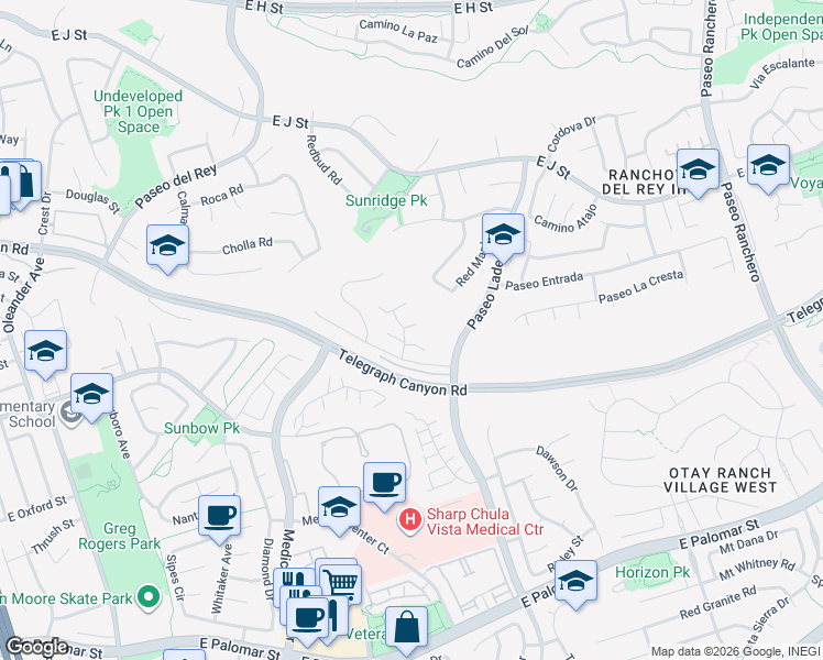 map of restaurants, bars, coffee shops, grocery stores, and more near 826 Cinnamon Court in Chula Vista