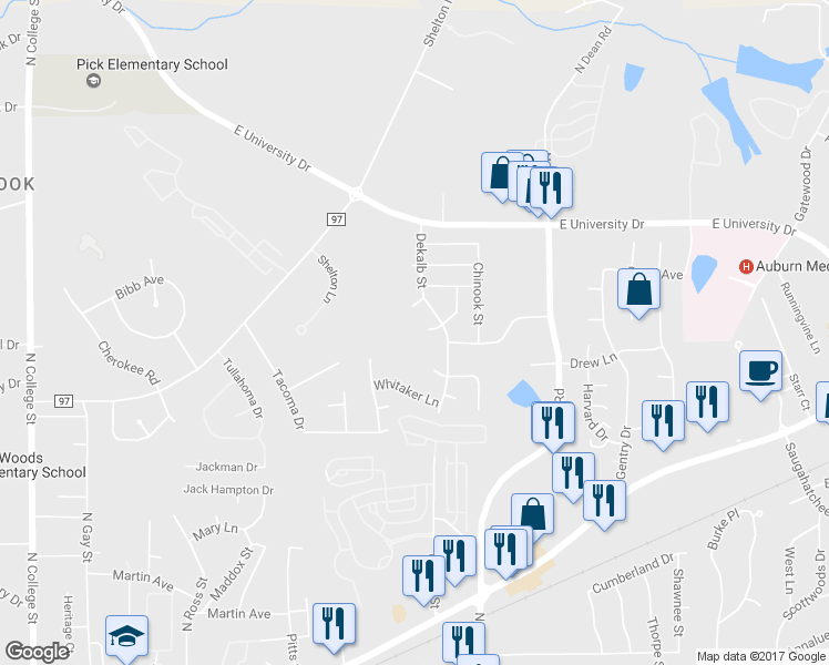 map of restaurants, bars, coffee shops, grocery stores, and more near 793 Cornstalk Circle in Auburn