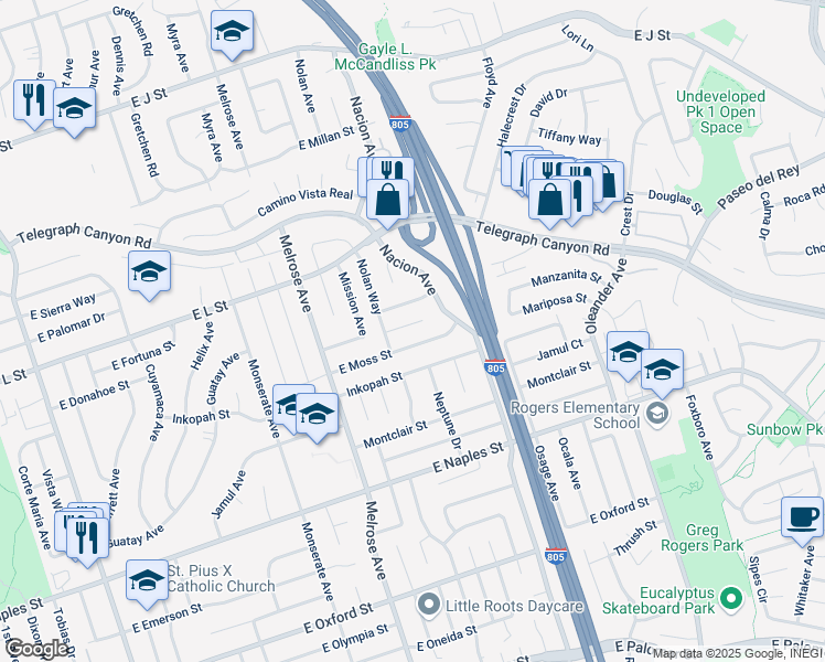 map of restaurants, bars, coffee shops, grocery stores, and more near 371 East Moss Street in Chula Vista