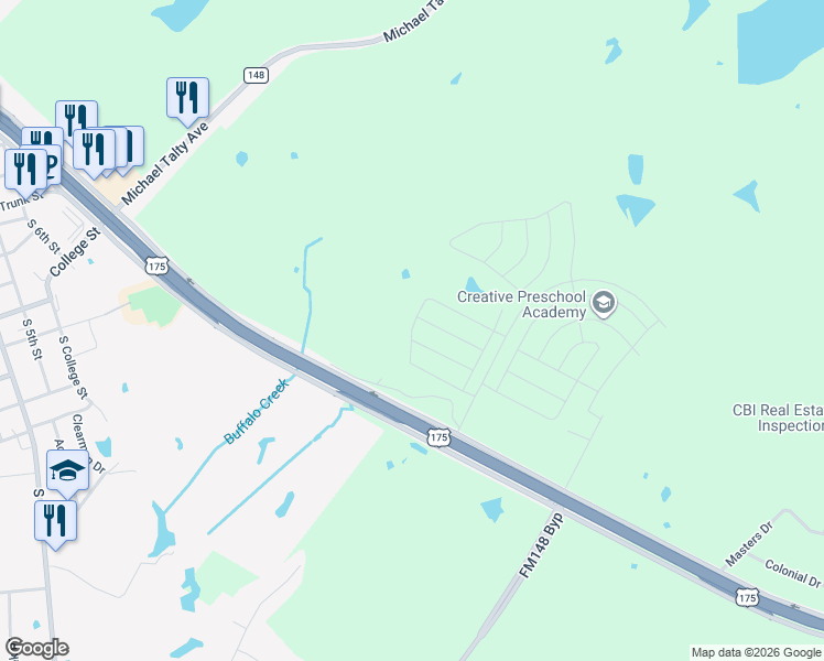 map of restaurants, bars, coffee shops, grocery stores, and more near U.S. 175 Frontage Road in Crandall