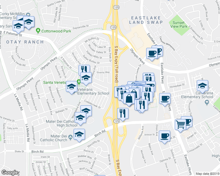 map of restaurants, bars, coffee shops, grocery stores, and more near 1541 Caminito Zaragosa in Chula Vista