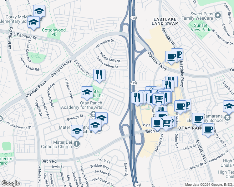 map of restaurants, bars, coffee shops, grocery stores, and more near 1998 Caminito Alcala in Chula Vista