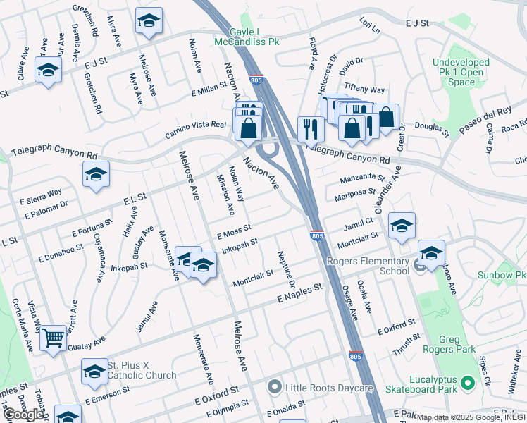 map of restaurants, bars, coffee shops, grocery stores, and more near 371 East Moss Street in Chula Vista
