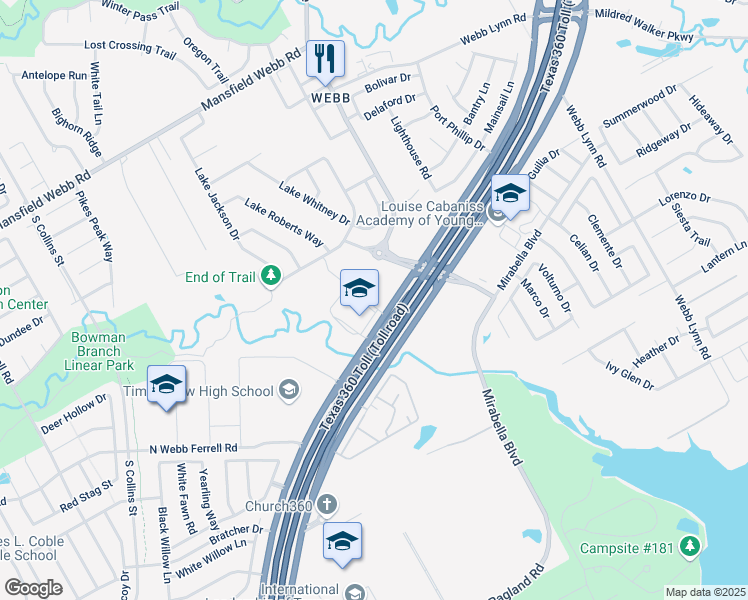 map of restaurants, bars, coffee shops, grocery stores, and more near 7650 South Watson Road in Arlington