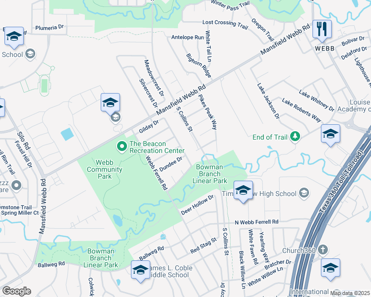 map of restaurants, bars, coffee shops, grocery stores, and more near 7019 Baybridge Drive in Arlington