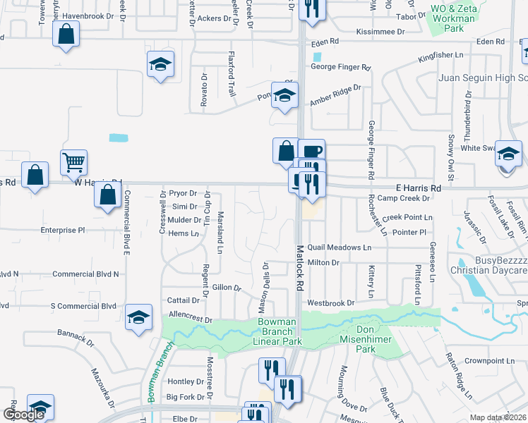 map of restaurants, bars, coffee shops, grocery stores, and more near 7419 Twin Parks Drive in Arlington