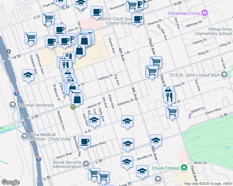 map of restaurants, bars, coffee shops, grocery stores, and more near 709 Brightwood Avenue in Chula Vista
