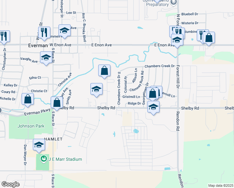 map of restaurants, bars, coffee shops, grocery stores, and more near 529 Chambers Creek Drive South in Fort Worth