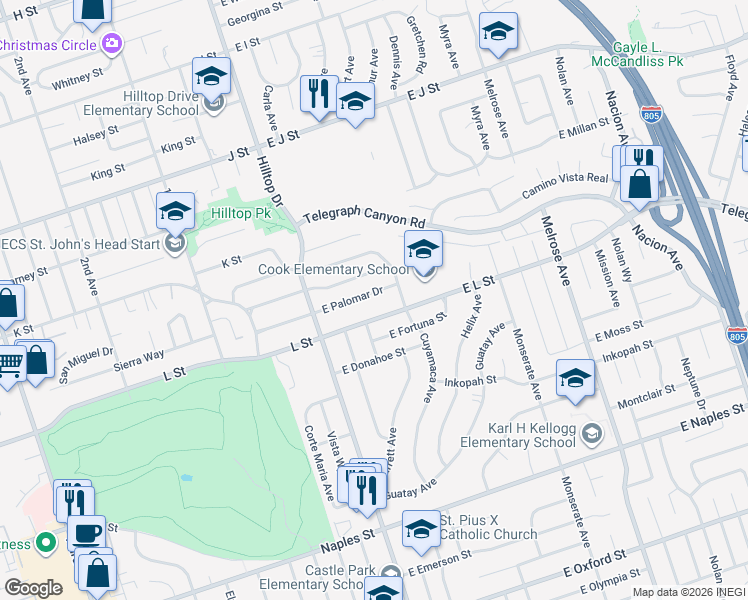 map of restaurants, bars, coffee shops, grocery stores, and more near 62 East Palomar Drive in Chula Vista