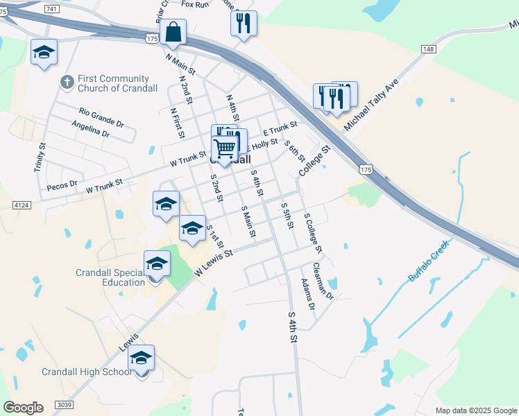 map of restaurants, bars, coffee shops, grocery stores, and more near 405 South Main Street in Crandall