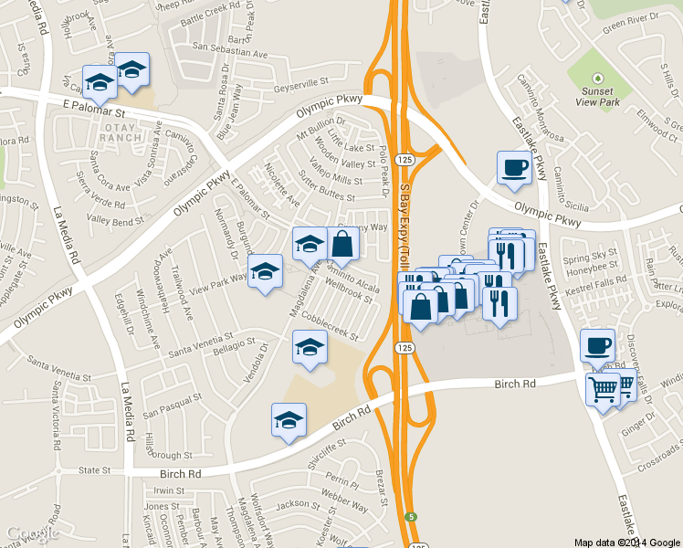 map of restaurants, bars, coffee shops, grocery stores, and more near 1930 Wellbrook Street in Chula Vista