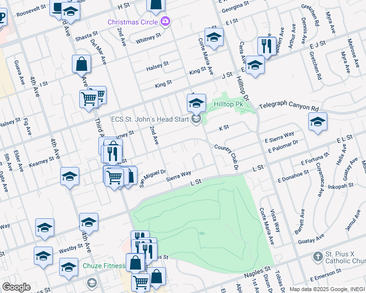 map of restaurants, bars, coffee shops, grocery stores, and more near 174 K Street in Chula Vista