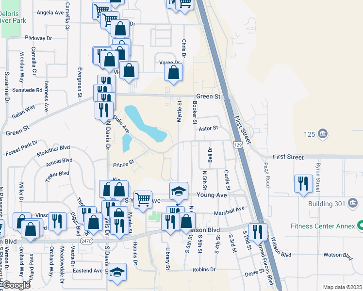 map of restaurants, bars, coffee shops, grocery stores, and more near 455 Myrtle Street in Warner Robins