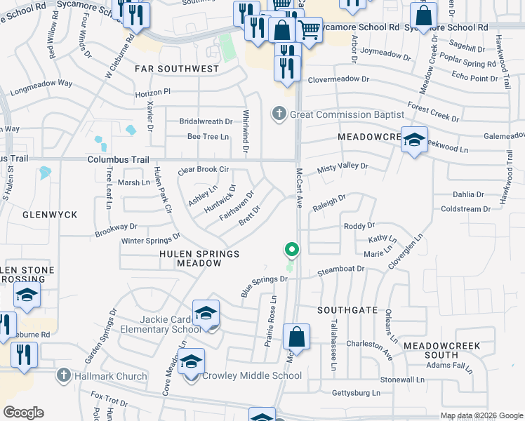 map of restaurants, bars, coffee shops, grocery stores, and more near 3709 Brett Drive in Fort Worth