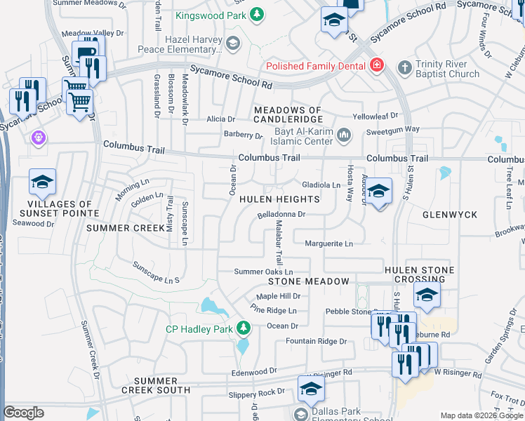 map of restaurants, bars, coffee shops, grocery stores, and more near 4813 Belladonna Drive in Fort Worth