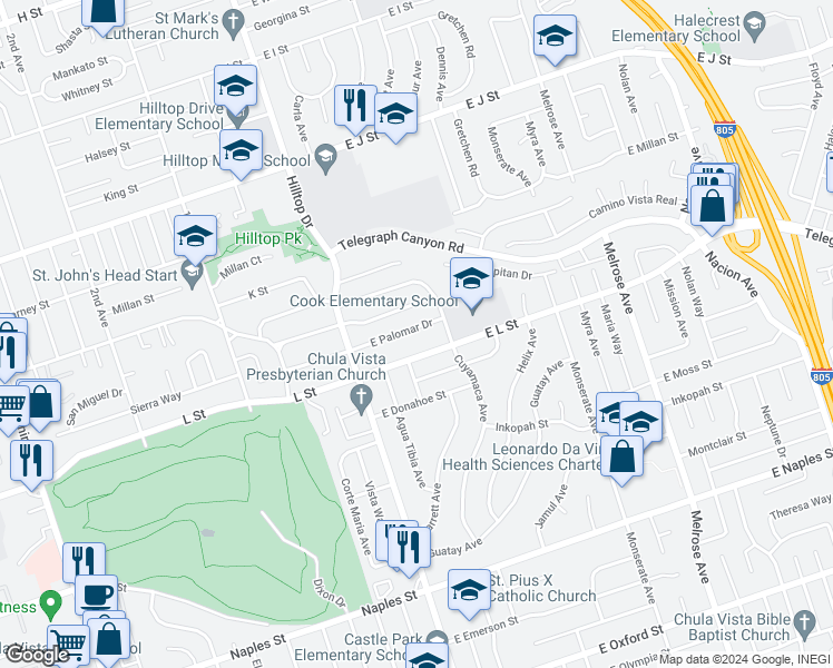 map of restaurants, bars, coffee shops, grocery stores, and more near 62 East Palomar Drive in Chula Vista