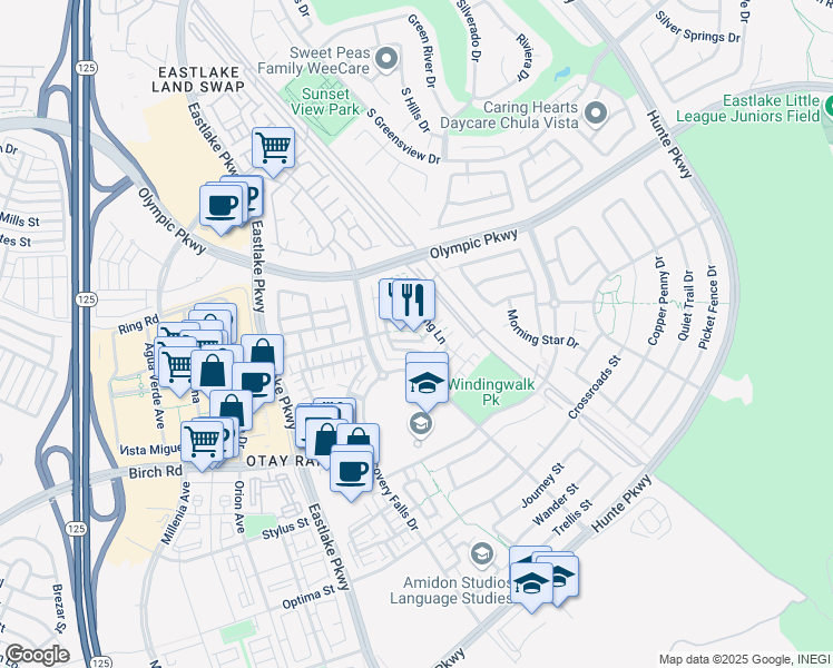 map of restaurants, bars, coffee shops, grocery stores, and more near 2261 Adventure Lane in Chula Vista