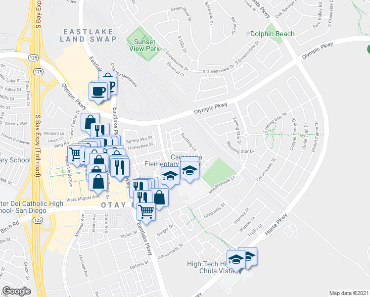 map of restaurants, bars, coffee shops, grocery stores, and more near 2267 Starshower Lane in Chula Vista
