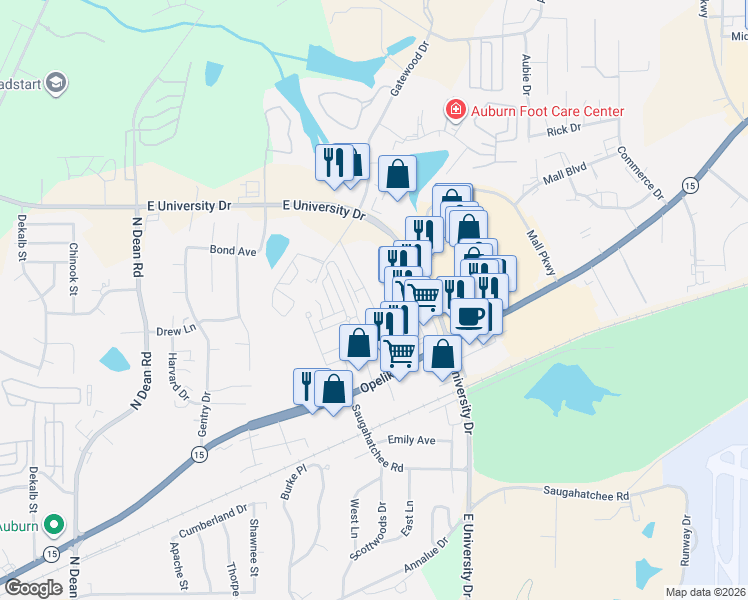 map of restaurants, bars, coffee shops, grocery stores, and more near 1089 Runningvine Lane in Auburn