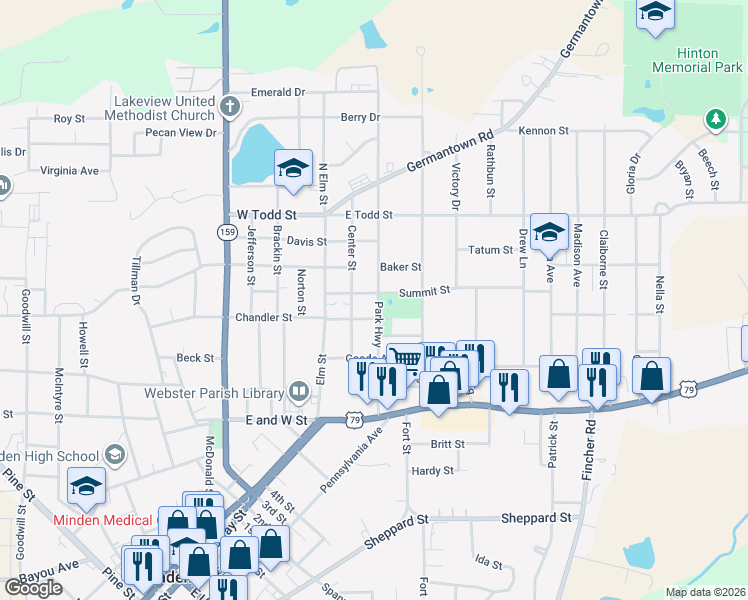 map of restaurants, bars, coffee shops, grocery stores, and more near 711 Park Highway in Minden