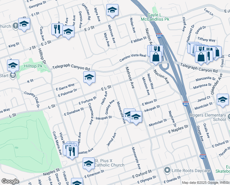 map of restaurants, bars, coffee shops, grocery stores, and more near 883 Monserate Avenue in Chula Vista