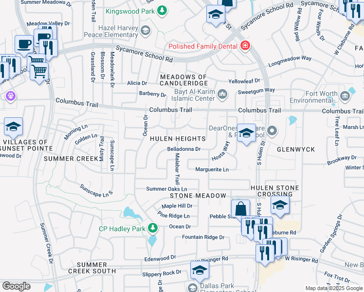 map of restaurants, bars, coffee shops, grocery stores, and more near 4724 Belladonna Drive in Fort Worth