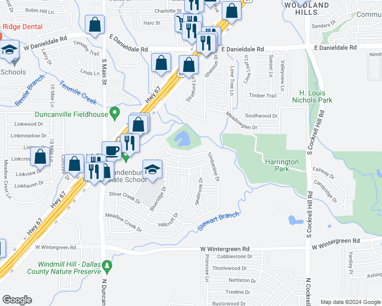 map of restaurants, bars, coffee shops, grocery stores, and more near 415 Timberline Drive in Duncanville