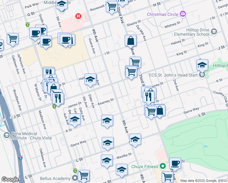 map of restaurants, bars, coffee shops, grocery stores, and more near 4th Avenue & James Court in Chula Vista