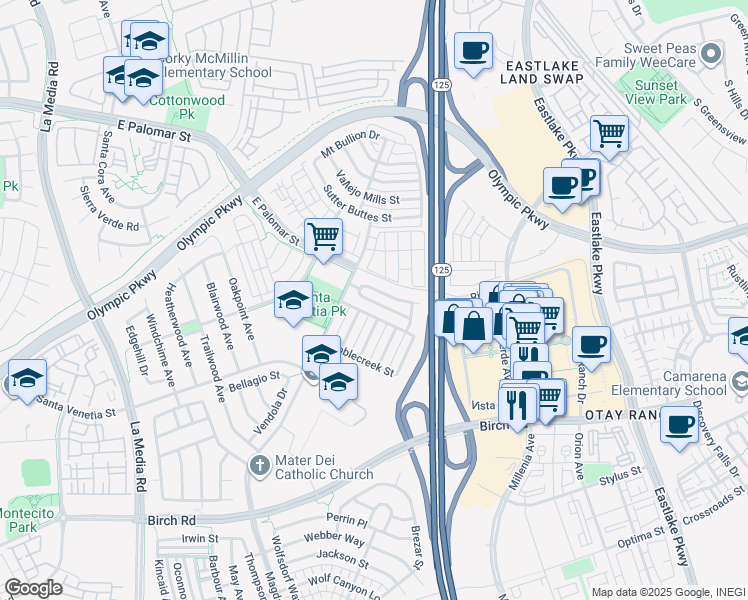 map of restaurants, bars, coffee shops, grocery stores, and more near 1930 Wellbrook Street in Chula Vista