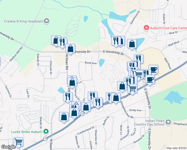 map of restaurants, bars, coffee shops, grocery stores, and more near 1115 Drew Lane in Auburn